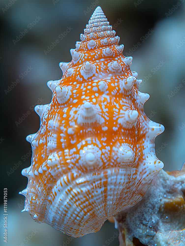 Poster close-up of a vibrant orange and white seashell with intricate spiral patterns and pointed protrusio