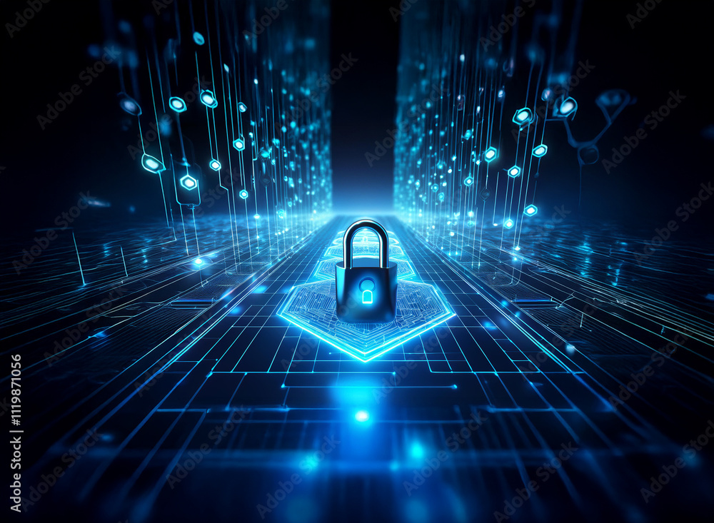 Aufkleber A glowing blue digital pathway leads to a central padlock, symbolizing secure data and digital protection within a network.  Data streams flow alongside the path.