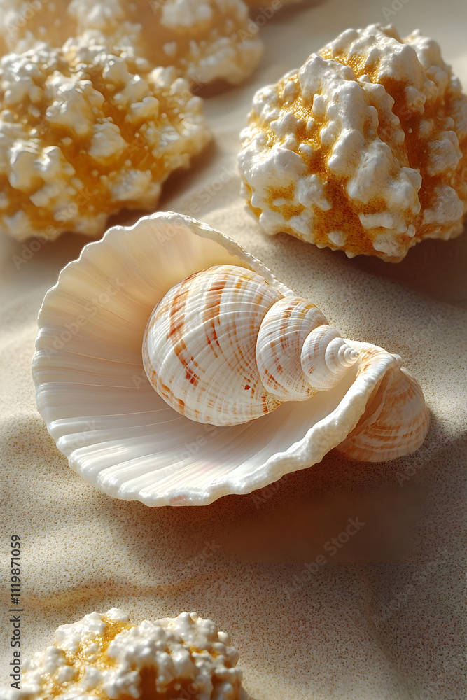 Poster seashell nestled in scallop shell on sandy beach with textured background.