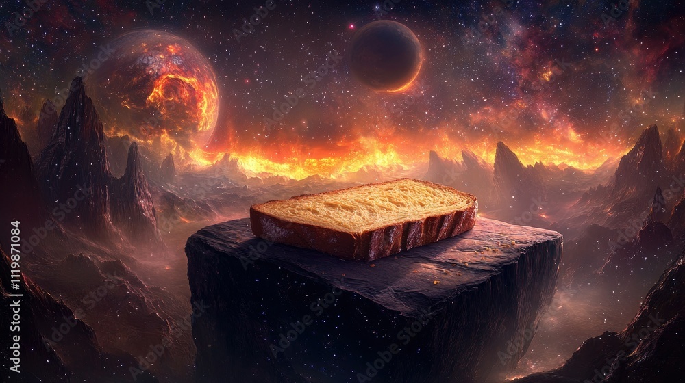 Poster a slice of toast on a cosmic cliff with colorful planets and nebulas in the background, capturing an