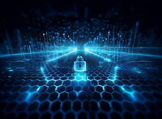 A glowing blue padlock sits at the center of a hexagonal grid, data streams flowing towards it,...