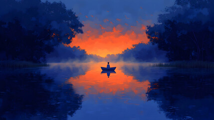 Naklejka premium Solitary figure in small boat on calm lake at sunset, surrounded by trees and mist.