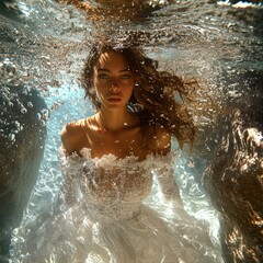 Obraz premium a woman beneath the surface of clear water, in a full high cotour wear