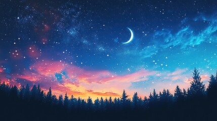 A serene night sky over a forest, featuring stars and a crescent moon.