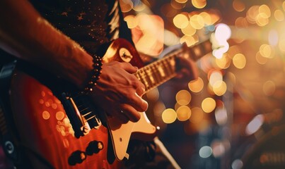 Obraz premium Man playing electric guitar on stage with bokeh lights in the background