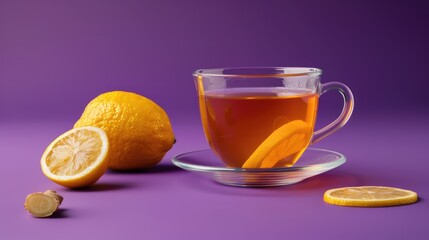 A cup of lemon-ginger tea with slices of fresh lemon and ginger root on a purple background. The concept of a healthy and natural drink.