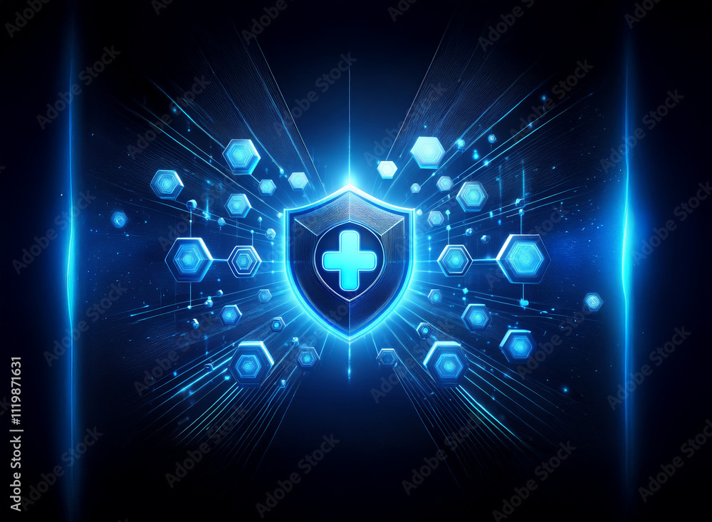 Poster glowing blue shield with a plus sign, surrounded by hexagonal network, radiating light beams. repres