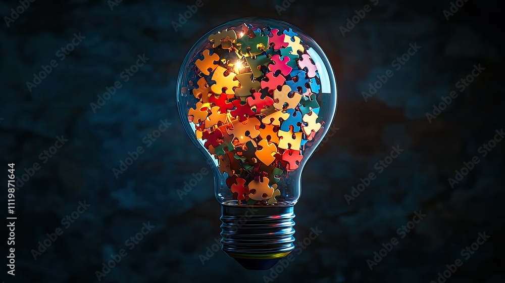 Poster colorful puzzle pieces illuminated inside a light bulb representing creativity, innovation, and prob