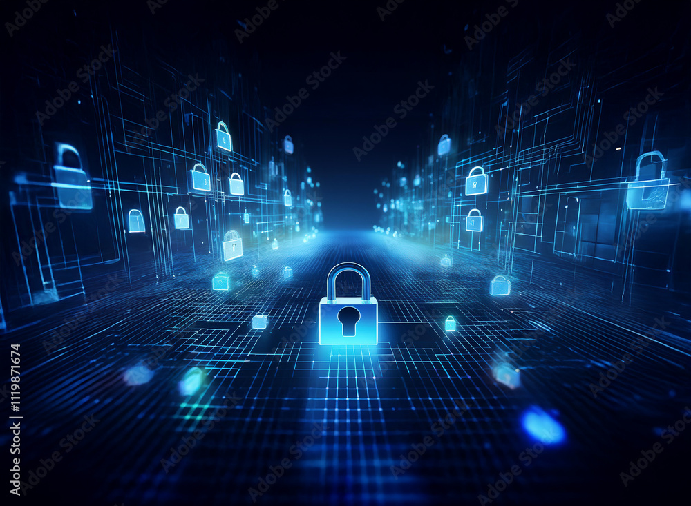 Aufkleber A digital tunnel glows with blue light, lined with numerous glowing padlock icons, symbolizing cybersecurity and data protection.  The perspective creates a sense of depth and security.