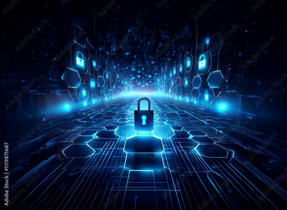 Aufkleber A glowing blue digital pathway lined with illuminated hexagons and padlocks leads to a central, large padlock.  This symbolizes digital security and data protection in a futuristic setting.