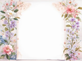 Fototapeta premium Floral border design with pastel flowers and empty center for personalized messages