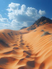Fototapeta premium Sandy desert landscape with mountain under blue sky.