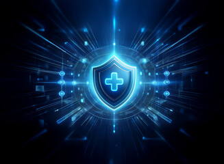 A glowing blue shield with a plus sign at its center, set against a dark background of radiating...