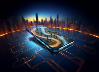A futuristic city skyline displayed on a smartphone screen, resting on a glowing circuit board.  The scene evokes innovation and technological advancement.