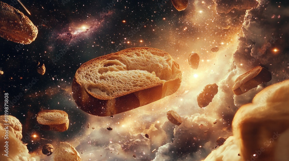 Poster unique conceptual image of bread loaf floating in a cosmic space with stars and galaxies, featuring 