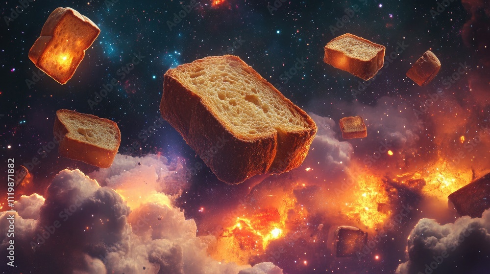 Poster floating toast in a cosmic landscape with vibrant colors and dramatic lighting creating a surreal an