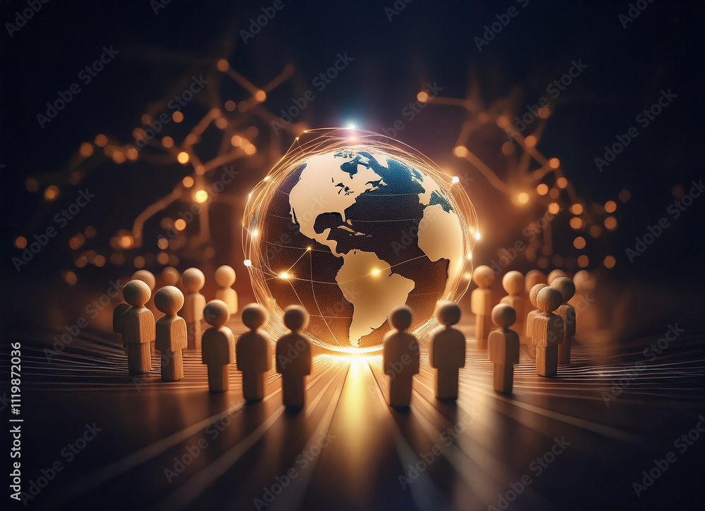 Poster a glowing earth encircled by a network of connections, surrounded by a circle of simplified human fi