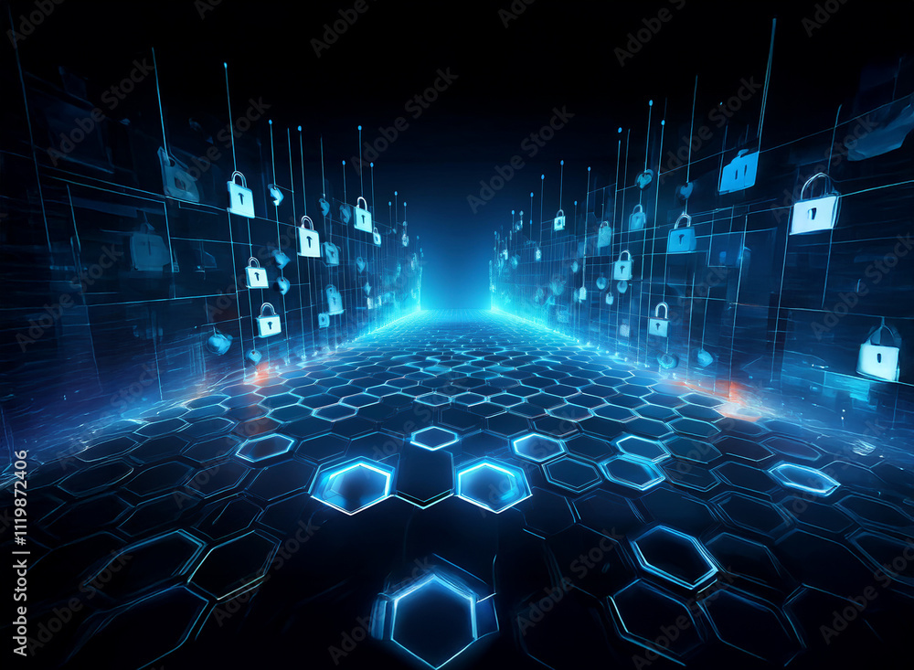Poster a digital landscape of glowing blue hexagons and padlock icons depicts a secure cyberspace. the path