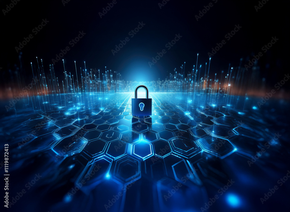 Aufkleber A glowing padlock stands in a digital landscape, representing data security and protection within a network of interconnected nodes.  Cybersecurity is crucial.