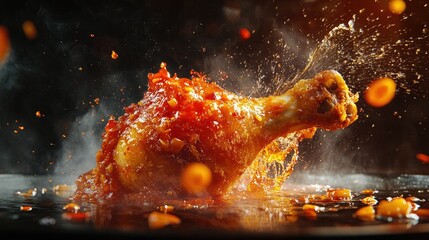 Delicious Fried Chicken Drumstick Splashing in Flavorful Sauce with Vibrant Chili Pieces and a Glorious Golden Crispy Coating in Cooking Environment