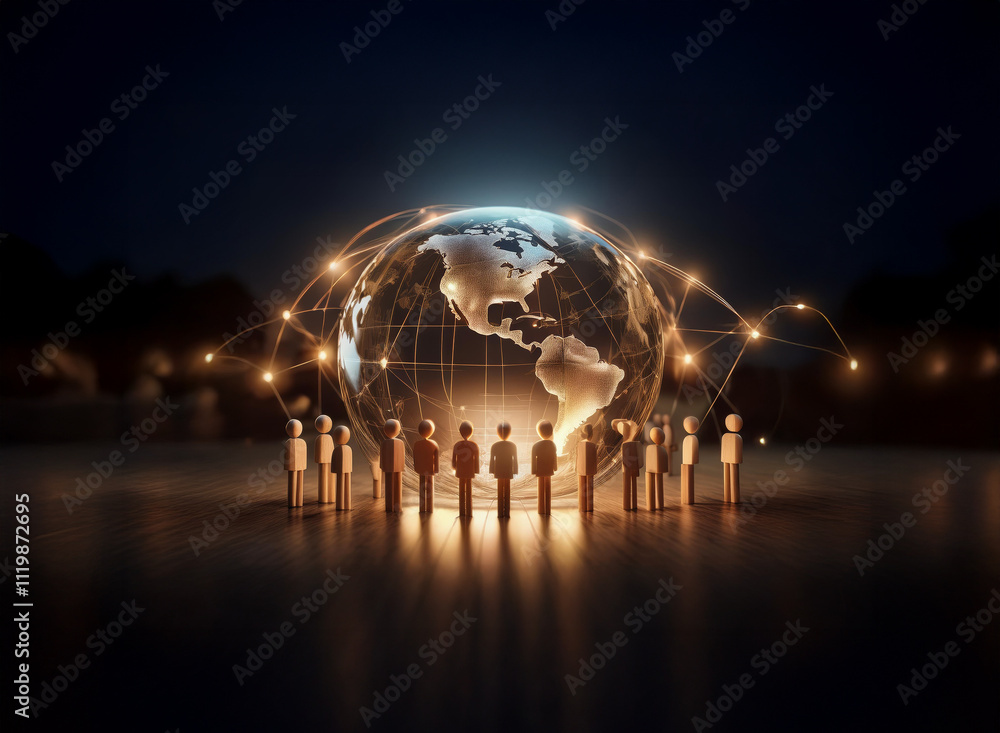 Poster A glowing Earth encircled by a network of connections, with a row of wooden figures standing before it, symbolizing global unity and interconnectedness.