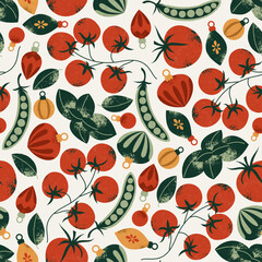 Vegetables and christmas decorations seamless pattern. Tomatoes with basil and peas. Vector illustration