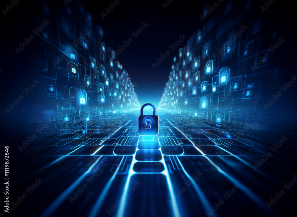 Leinwandbilder a glowing padlock sits at the center of a digital tunnel, surrounded by shimmering security icons. t