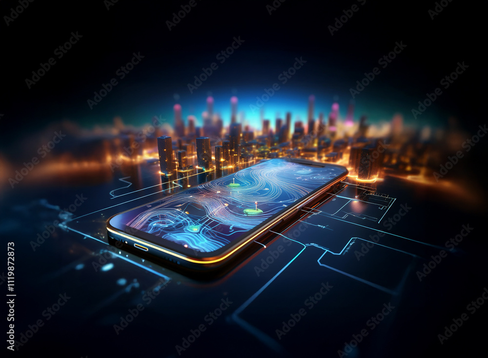 Aufkleber a futuristic city skyline is reflected on a smartphone screen, resting on a circuit board, symbolizi