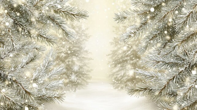 Snowy forest trail with frosted fir trees and blurred bokeh sparkles