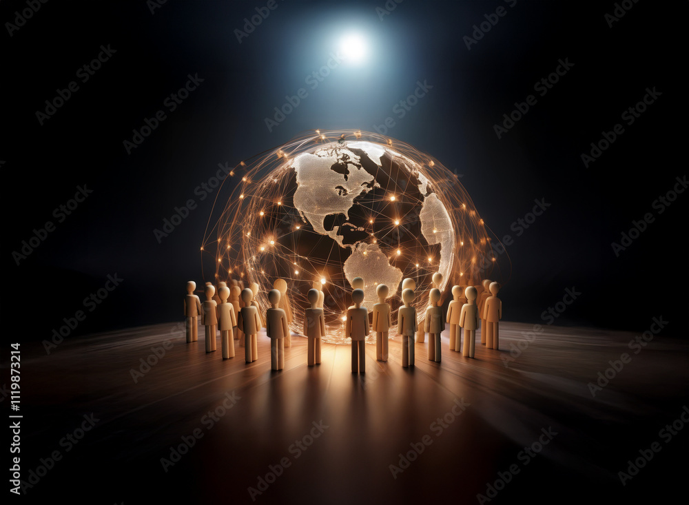 Poster A glowing earth encircled by a network of connections, surrounded by a ring of small wooden figures symbolizing global unity and interconnectedness.  A bright light illuminates the scene.