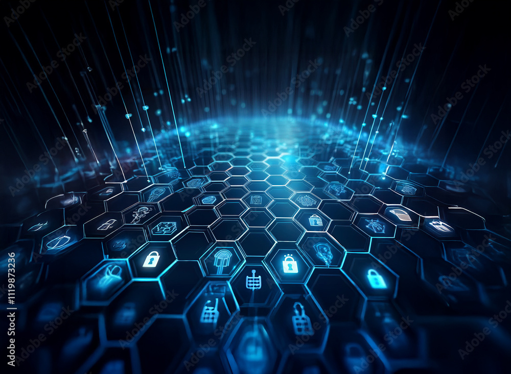 Aufkleber Abstract digital landscape with glowing blue hexagon grid, showcasing various cybersecurity icons.  Data streams flow into the central network.  Represents digital security and data protection.