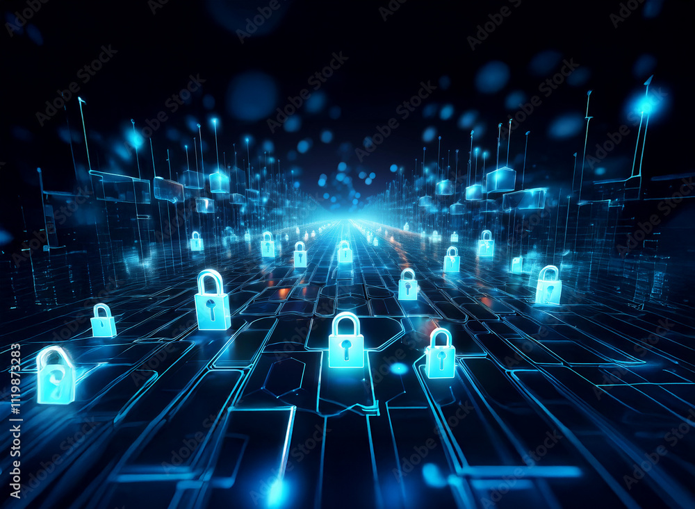 Aufkleber A digital highway of glowing blue circuits and padlock icons stretches into the distance, representing a secure network infrastructure.  Data security and privacy are implied.