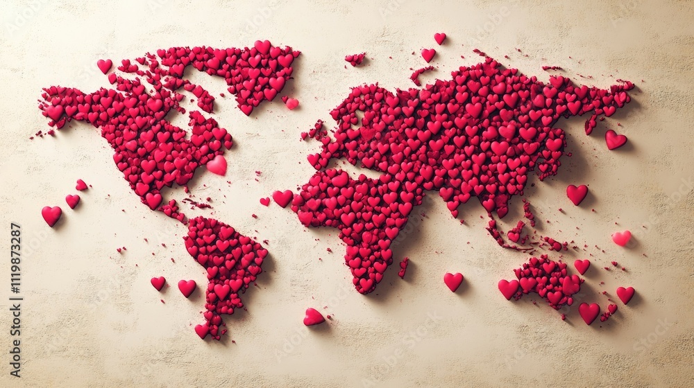 Poster artistic map of the world created with red hearts symbolizing love and connection across continents,