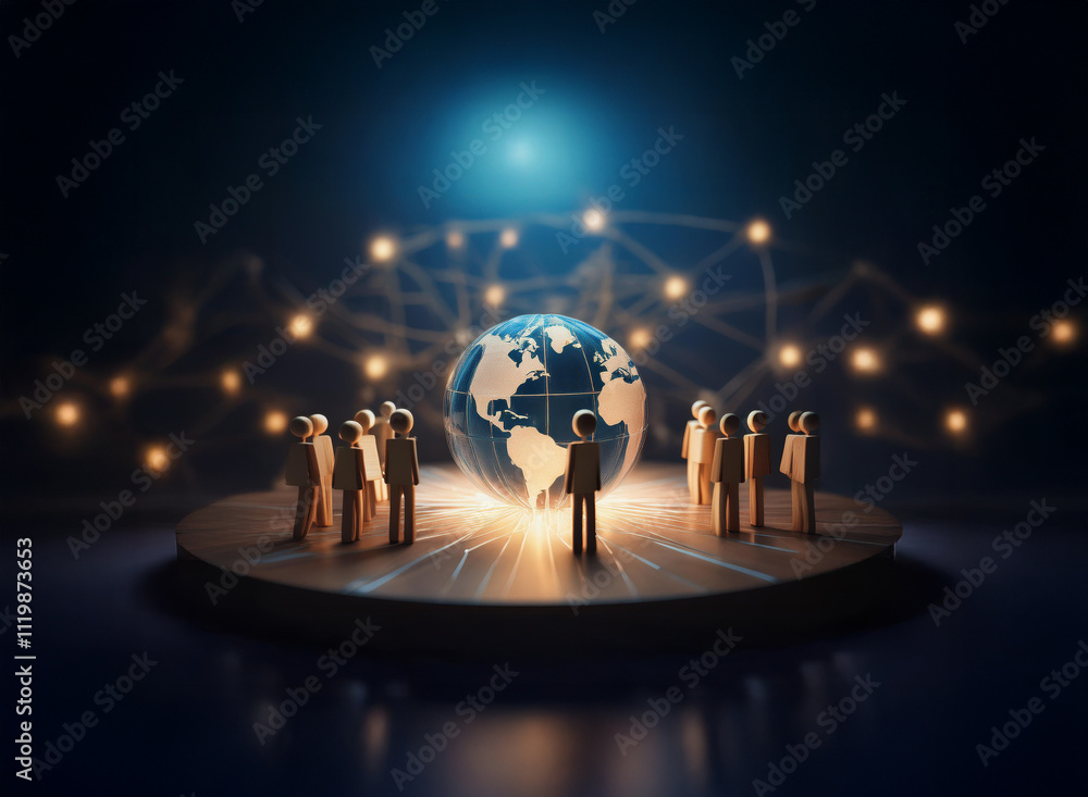 Poster a glowing earth encircled by small figures on a platform, connected by a network of light, symbolize