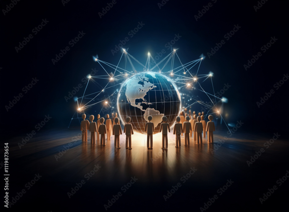 Aufkleber A glowing earth encircled by interconnected nodes and figures, symbolizing global network and community.  The scene evokes concepts of unity, technology, and worldwide connection.
