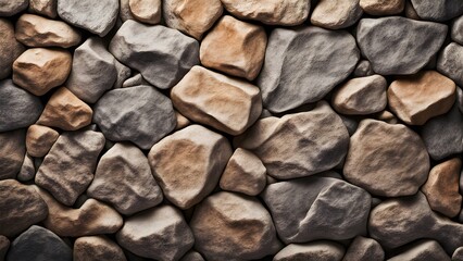 Close-up of a textured stone wall with varying shades of gray and beige rocks.