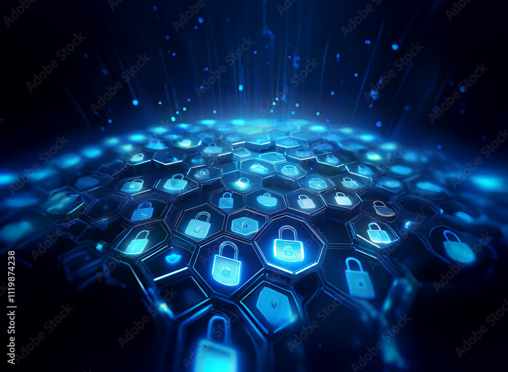 Aufkleber Abstract digital artwork depicting a futuristic global security system.  Numerous glowing blue padlocks are arranged in a hexagonal grid pattern on a dark background, suggesting a network of protectio