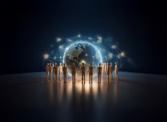 A group of figures stands before a glowing Earth encircled by a network of connections, symbolizing global interconnectedness and digital communication.
