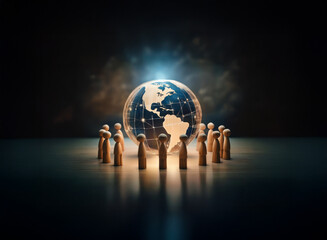 A glowing Earth encircled by wooden figures symbolizes global connection and unity.  The scene suggests communication, collaboration, and shared future.