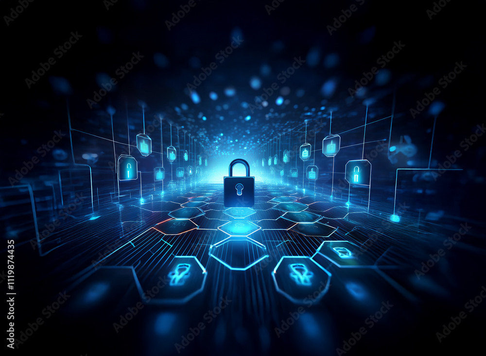 Poster a glowing padlock sits at the center of a digital network, surrounded by hexagonal nodes and data sy