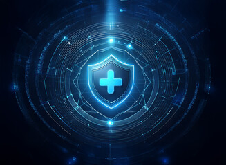 A glowing blue shield with a plus sign at its center, encircled by a futuristic digital interface,...