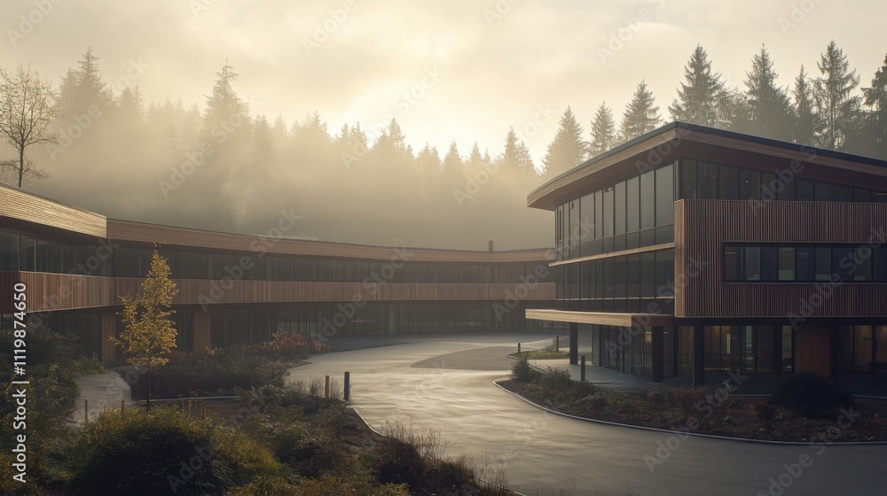 Poster modern architectural design in nature surrounded by misty forest with fresh green trees and serene p