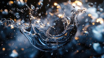 Captivating close-up of water splash with shimmering droplets creating a mesmerizing visual effect against a dark background, perfect for dynamic and artistic imagery.