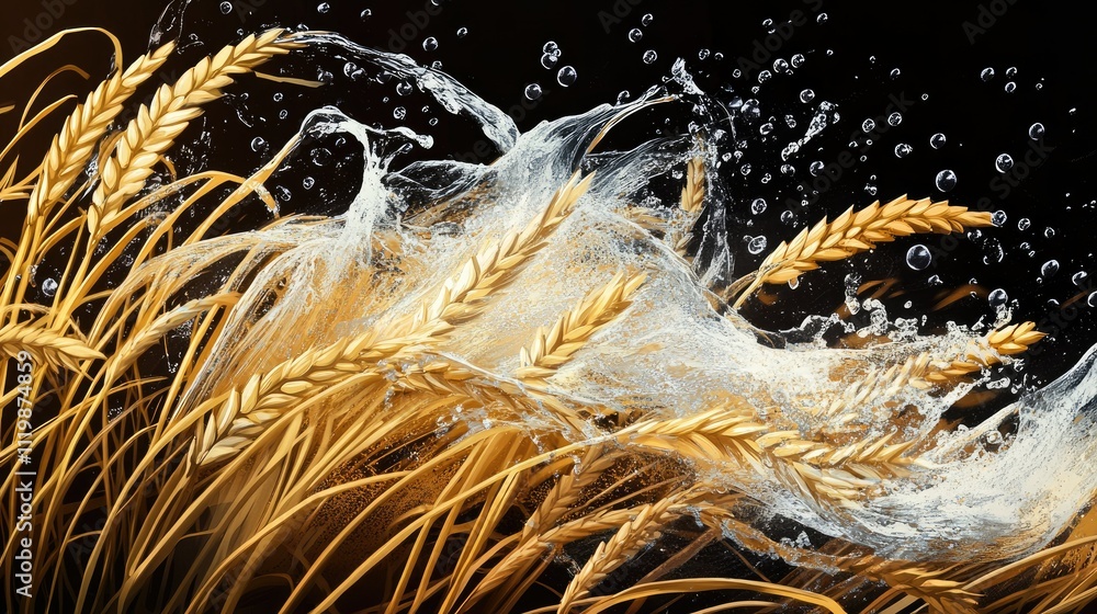 Poster golden wheat stalks surrounded by splashing water with bubbles against a dark background highlightin
