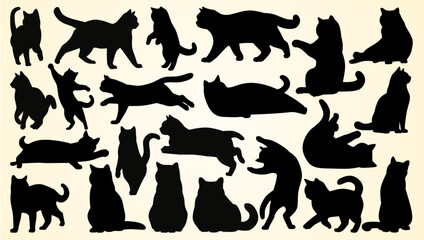 Silhouettes of cats in various poses, expressing their playful and graceful movements.