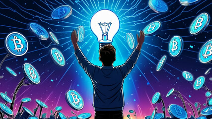 Man with burning light bulb of new ideas against falling money and cryptocurrency coins background, business ideas concept