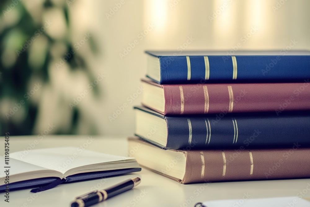 Fototapete stack of textbooks placed neatly on desk with pen and open notebook beside them