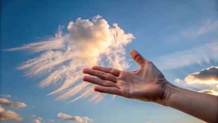 Hand Reaching for a Cloud in a Blue Sky