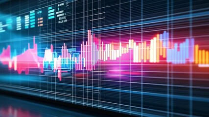 Vibrant digital sound waves in neon colors on a dark background, visualizing audio frequency and amplitude.