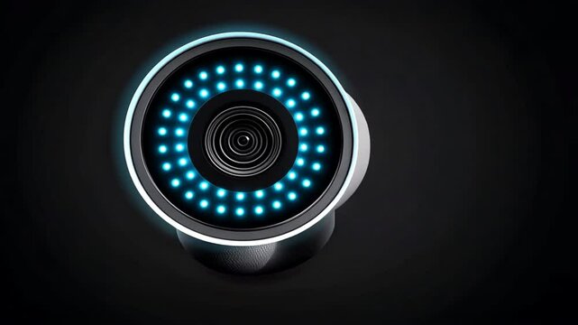 Modern black round security camera device with advanced technology, blue LED lights, and sleek design for effective surveillance in any environment.